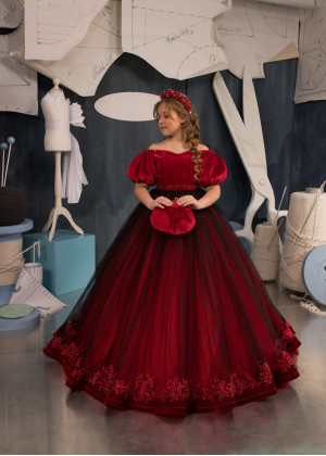 Off Shoulder Beaded Red Velvet Lace Tulle Gorgeous Flower Girl Dress